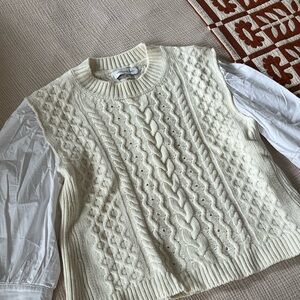 Something Navy Cream Cable Knit Sweater Vest with Puff Sleeve